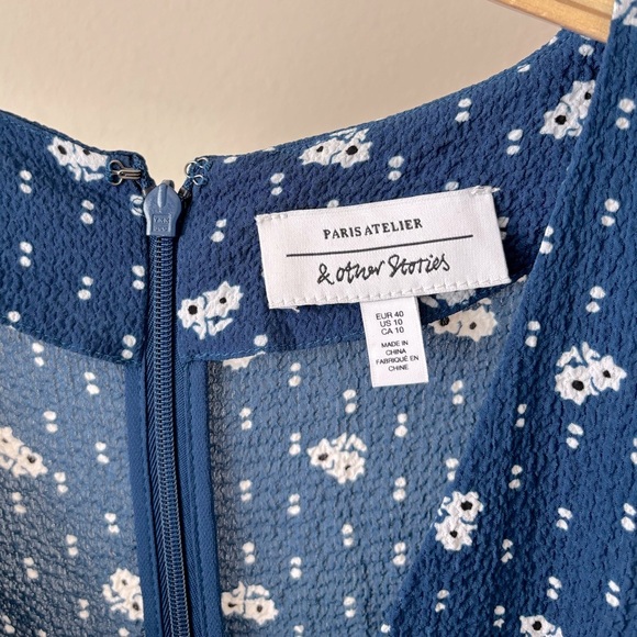 & OTHER STORIES Blue Floral White Polka Dot Flared Mini Summer Dress Size 10 - Picture 10 of 10